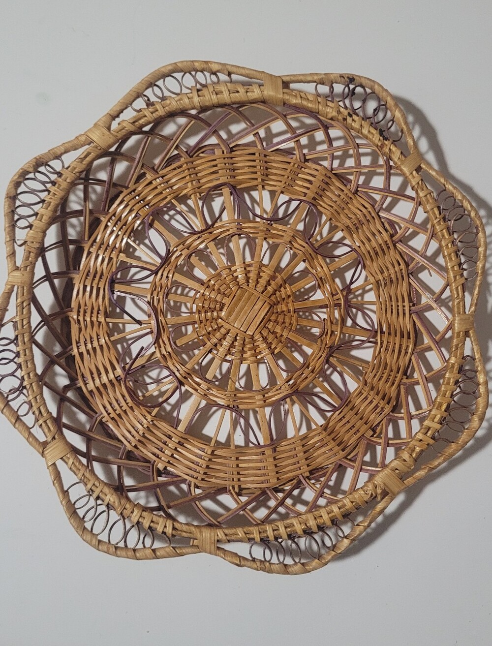 Purple Vintage MCM rattan wall hanging decor plate boho basket